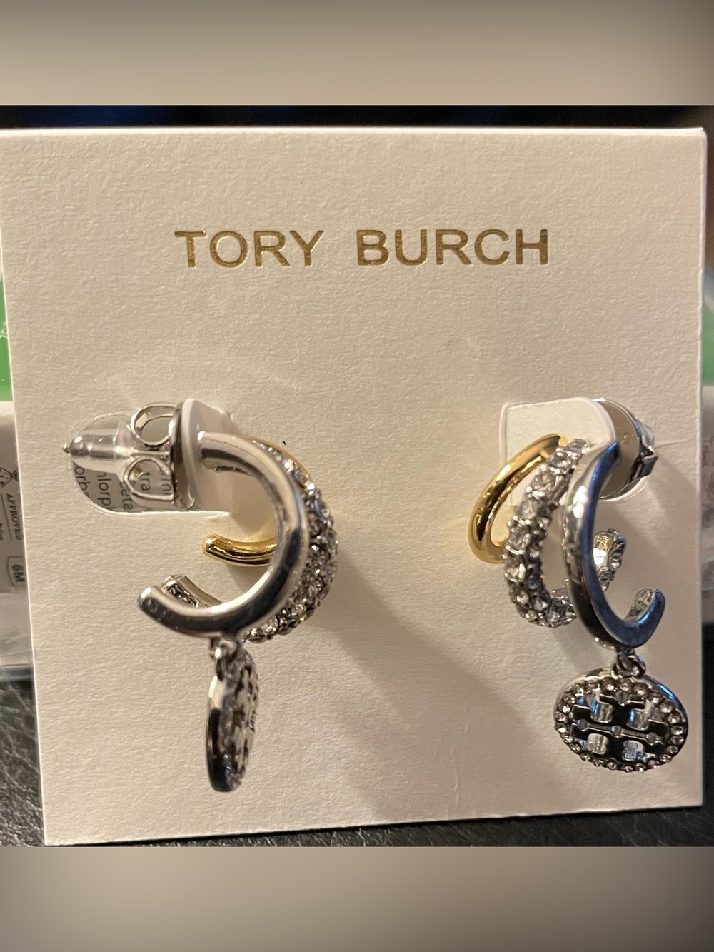 Tory Burch Two-Tone Silver and Gold Crystal Double Hoop Drop Earrings